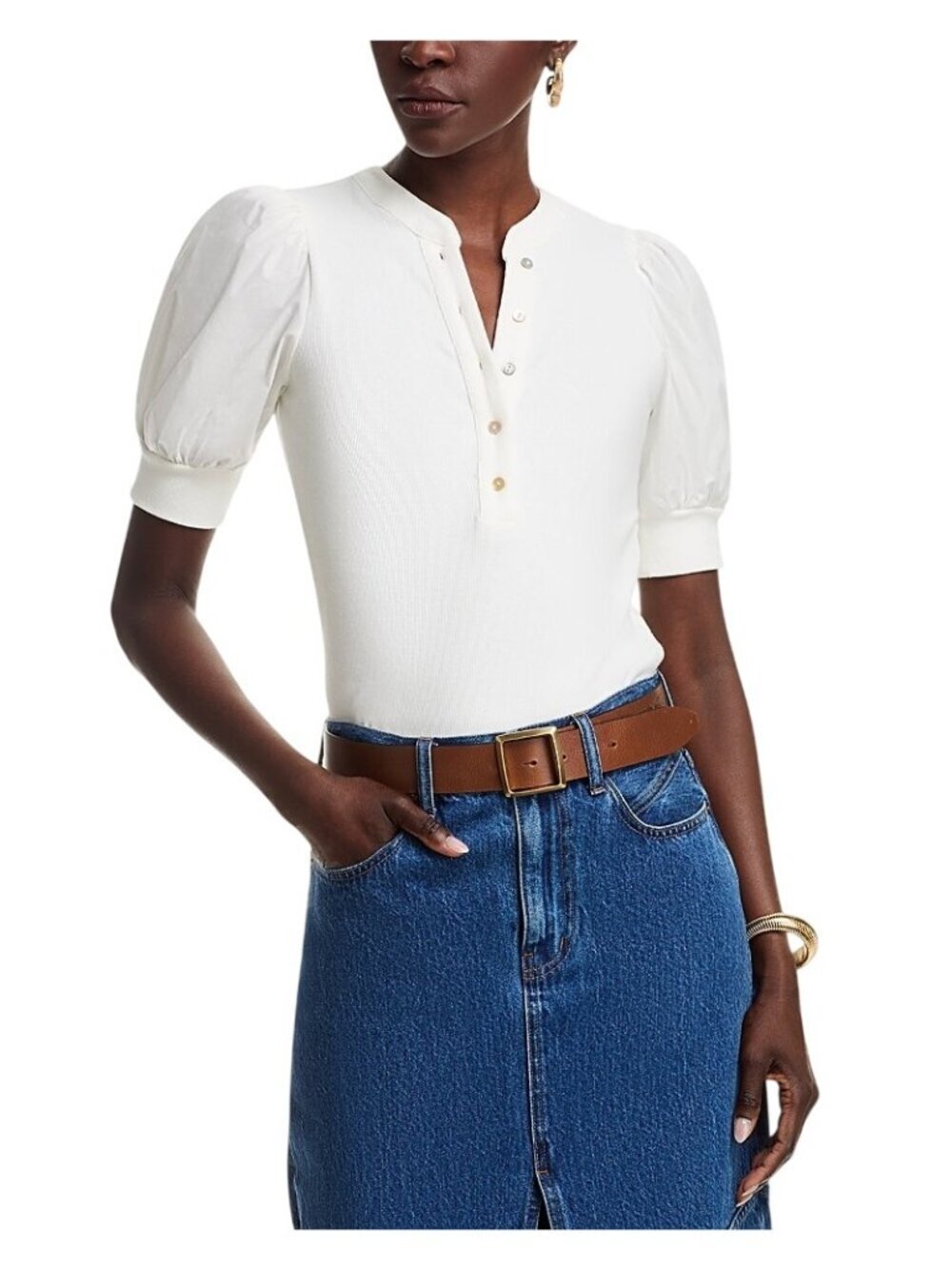 NWT Single Thread Bright White Puff Sleeve Henley Top XS MSRP $68